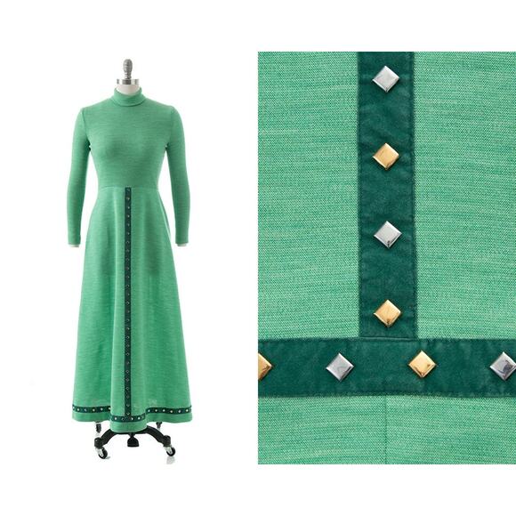 Vintage 1970s Sweater Dress 70s Studded Knit Green Turtleneck Fit Flare Maxi - Picture 1 of 9